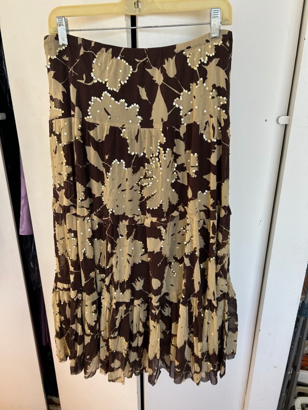INC International Concepts Brown and Beige Floral Sequin Tiered Maxi Skirt
